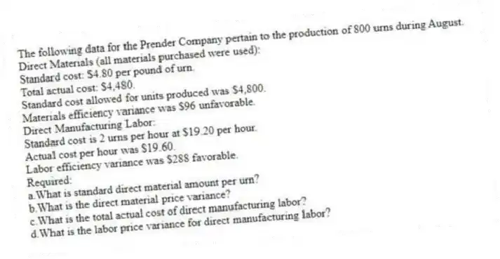 The following data for the Prender Company pertain to the production of 800 urns during August.
Direct Materials (all materials purchased were used):
Standard cost: $4.80 per pound of urn.
Total actual cost: $4,480.
Standard cost allowed for units produced was $4,800.
Materials efficiency variance was $96 unfavorable.
Direct Manufacturing Labor:
Standard cost is 2 urns per hour at $19.20 per hour.
Actual cost per hour was $19.60.
Labor efficiency variance was $288 favorable.
Required:
a.What is standard direct material amount per urn?
b.What is the direct material price variance?
c.What is the total actual cost of direct manufacturing labor?
d.What is the labor price variance for direct manufacturing labor?