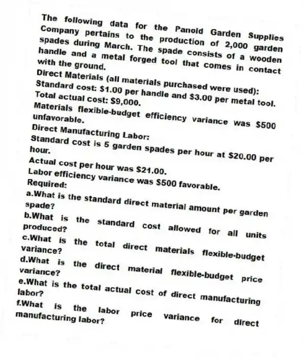 The following data for the Panoid Garden Supplies Company pertains to the production of 2,000 garden spades during March. The spade consists of a wooden handle and a metal forged tool that comes in contact with the ground.
Direct Materials (all materials purchased were used):
Standard cost: $1.00 per handle and $3.00 per metal tool.
Total actual cost: $9,000.
Materials flexible-budget efficiency variance was $500 unfavorable.
Direct Manufacturing Labor:
Standard cost is 5 garden spades per hour at $20.00 per hour.
Actual cost per hour was $21.00.
Labor efficiency variance was $500 favorable.
Required:
a.What is the standard direct material amount per garden spade?
b.What is the standard cost allowed for all units produced?
c.What is the total direct materials flexible-budget variance?
d.What is the direct material flexible-budget price variance?
e.What is the total actual cost of direct manufacturing labor?
f.What is the labor price variance for direct manufacturing labor?