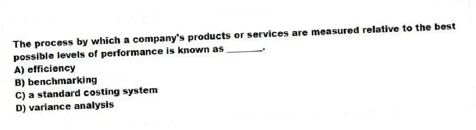 The process by which a company's products or services are measured relative to the best possible levels of performance is known as ________.
A) efficiency
B) benchmarking
C) a standard costing system
D) variance analysis
