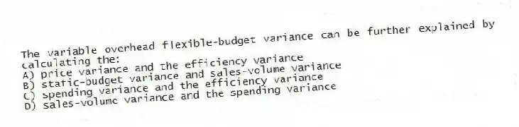 The variable overhead flexible-budget variance can be further explained by calculating the:
A) price variance and the efficiency variance
B) static-budget variance and sales-volume variance
C) spending variance and the efficiency variance
D) sales-volume variance and the spending variance