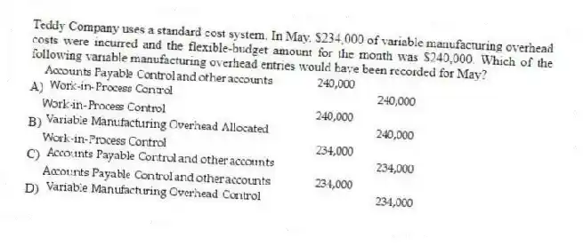 Teddy Company uses a standard cost system. In May, $234,000 of variable manufacturing overhead costs were incurred and the flexible-budget amount for the month was $240,000. Which of the following variable manufacturing overhead entries would have been recorded for May?