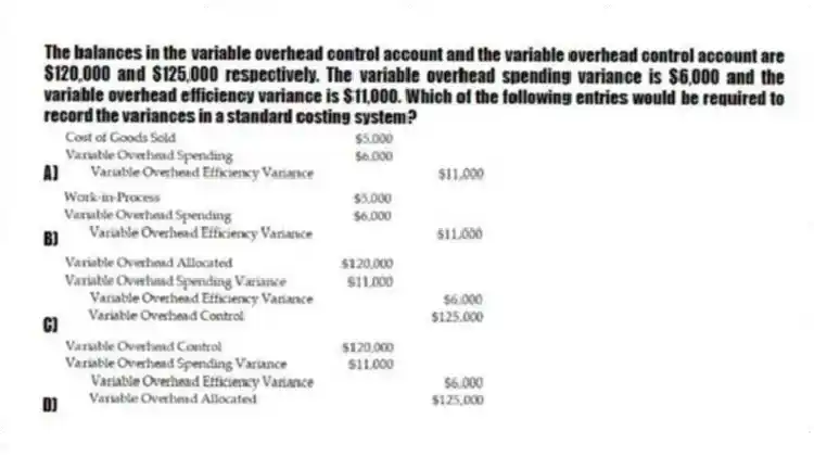 The balances in the variable overhead control account and the variable overhead control account are $120,000 and $125,000 respectively. The variable overhead spending variance is $6,000 and the variable overhead efficiency variance is $11,000. Which of the following entries would be required to record the variances in a standard costing system?