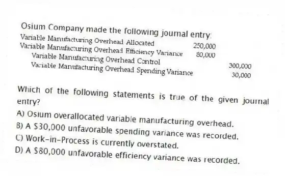 Osium Company made the following journal entry:
Which of the following statements is true of the given journal entry?
A) Osium overallocated variable manufacturing overhead.
B) A $30,000 unfavorable spending variance was recorded.
C) Work-in-Process is currently overstated.
D) A $80,000 unfavorable efficiency variance was recorded.