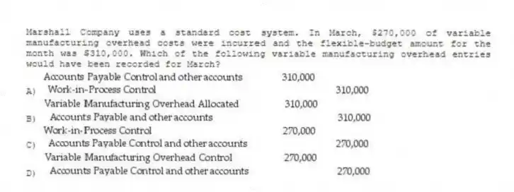 Marshall Company uses a standard cost system. In March, $270,000 of variable manufacturing overhead costs were incurred and the flexible-budget amount for the month was $310,000. Which of the following variable manufacturing overhead entries would have been recorded for March?