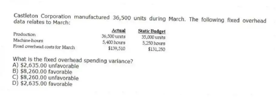 Castleton Corporation manufactured 36,500 units during March. The following fixed overhead data relates to March:
What is the fixed overhead spending variance?
A) $2,635.00 unfavorable
B) $8,260.00 favorable
C) $8,260.00 unfavorable
D) $2,635.00 favorable