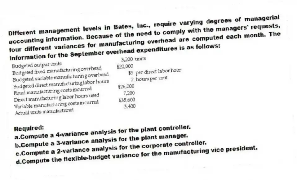 Different management levels in Bates, Inc., require varying degrees of managerial accounting information. Because of the need to comply with the managers' requests, four different variances for manufacturing overhead are computed each month. The information for the September overhead expenditures is as follows:
Required:
a.Compute a 4-variance analysis for the plant controller.
b.Compute a 3-variance analysis for the plant manager.
c.Compute a 2-variance analysis for the corporate controller.
d.Compute the flexible-budget variance for the manufacturing vice president.