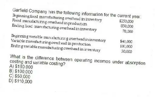 Garfield Company has the following information for the current year:
What is the difference between operating incomes under absorption costing and variable costing?
A) $180,000
B) $100,000
C) $50,000
D) $110,000