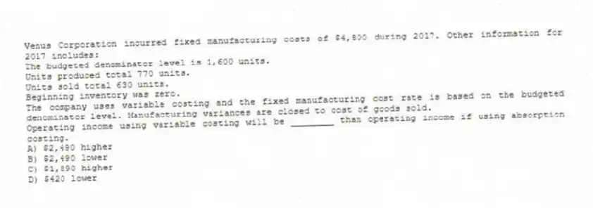 Venus Corporation incurred fixed manufacturing costs of $4,800 during 2017. Other information for 2017 includes:
The budgeted denominator level is 1,600 units.
Units produced total 770 units.
Units sold total 630 units.
Beginning inventory was zero.
The company uses variable costing and the fixed manufacturing cost rate is based on the budgeted denominator level. Manufacturing variances are closed to cost of goods sold.
Operating income using variable costing will be ________ than operating income if using absorption costing.
A) $2,490 higher
B) $2,490 lower
C) $1,890 higher
D) $420 lower