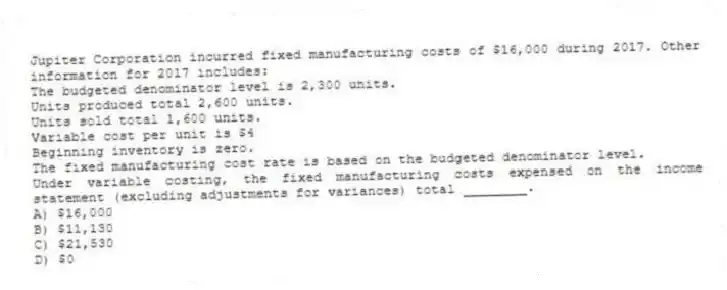 Jupiter Corporation incurred fixed manufacturing costs of $16,000 during 2017. Other information for 2017 includes:
The budgeted denominator level is 2,300 units.
Units produced total 2,600 units.
Units sold total 1,600 units.
Variable cost per unit is $4
Beginning inventory is zero.
The fixed manufacturing cost rate is based on the budgeted denominator level.
Under variable costing, the fixed manufacturing costs expensed on the income statement (excluding adjustments for variances) total ________.
A) $16,000
B) $11,130
C) $21,530
D) $0