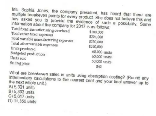 Ms. Sophia Jones, the company president, has heard that there are multiple breakeven points for every product. She does not believe this and has asked you to provide the evidence of such a possibility. Some information about the company for 2017 is as follows:
What are breakeven sales in units using absorption costing? (Round any intermediary calculations to the nearest cent and your final answer up to the next whole unit.)
A) 5,321 units
B) 5,393 units
C) 6,617 units
D) 11,350 units