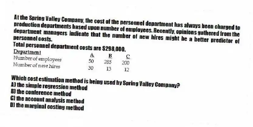 At the Spring Valley Company, the cost of the personnel department has always been charged to production departments based upon number of employees. Recently, opinions gathered from the department managers indicate that the number of new hires might be a better predictor of personnel costs.
Total personnel department costs are $298,000.
Which cost estimation method is being used by Spring Valley Company?
A) the simple regression method
B) the conference method
C) the account analysis method
D) the marginal costing method