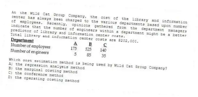 At the Wild Cat Group Company, the cost of the library and information center has always been charged to the various departments based upon number of employees. Recently, opinions gathered from the department managers indicate that the number of engineers within a department might be a better predictor of library and information center costs.
Total library and information center costs are $202,000.
Which cost estimation method is being used by Wild Cat Group Company?
A) the regression analysis method
B) the marginal costing method
C) the conference method
D) the operating costing method