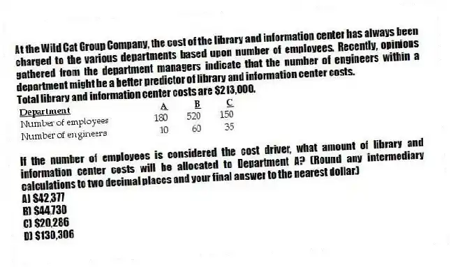 At the Wild Cat Group Company, the cost of the library and information center has always been charged to the various departments based upon number of employees. Recently, opinions gathered from the department managers indicate that the number of engineers within a department might be a better predictor of library and information center costs.
Total library and information center costs are $213,000.
If the number of employees is considered the cost driver, what amount of library and information center costs will be allocated to Department A? (Round any intermediary calculations to two decimal places and your final answer to the nearest dollar.)
A) $42,377
B) $44,730
C) $20,286
D) $130,306