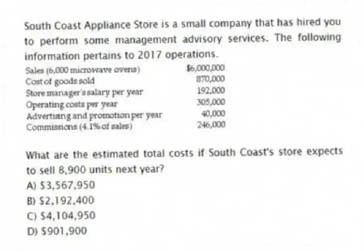 South Coast Appliance Store is a small company that has hired you to perform some management advisory services. The following information pertains to 2017 operations.
What are the estimated total costs if South Coast's store expects to sell 8,900 units next year?
A) $3,567,950
B) $2,192,400
C) $4,104,950
D) $901,900