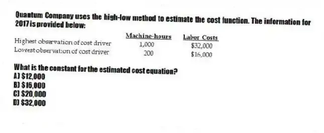 Quantum Company uses the high-low method to estimate the cost function. The information for 2017 is provided below:
What is the constant for the estimated cost equation?
A) $12,000
B) $16,000
C) $20,000
D) $32,000