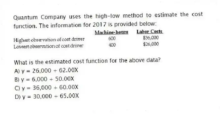 Quantum Company uses the high-low method to estimate the cost function. The information for 2017 is provided below:
What is the estimated cost function for the above data?
A) y = 26,000 + 62.00X
B) y = 6,000 + 50.00X
C) y = 36,000 + 60.00X
D) y = 30,000 + 65.00X