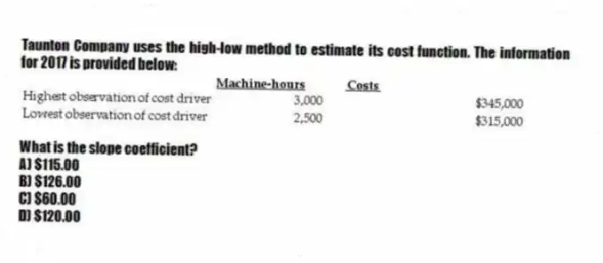 Taunton Company uses the high-low method to estimate its cost function. The information for 2017 is provided below:
What is the slope coefficient?
A) $115.00
B) $126.00
C) $60.00
D) $120.00