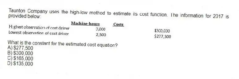 Taunton Company uses the high-low method to estimate its cost function. The information for 2017 is provided below:
What is the constant for the estimated cost equation?
A) $277,500
B) $300,000
C) $165,000
D) $135,000