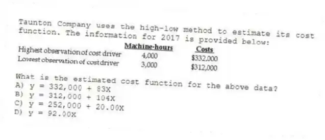 Taunton Company uses the high-low method to estimate its cost function. The information for 2017 is provided below:
What is the estimated cost function for the above data?
A) y = 332,000 + 83X
B) y = 312,000 + 104X
C) y = 252,000 + 20.00X
D) y = 92.00X