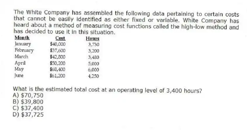The White Company has assembled the following data pertaining to certain costs that cannot be easily identified as either fixed or variable. White Company has heard about a method of measuring cost functions called the high-low method and has decided to use it in this situation.
What is the estimated total cost at an operating level of 3,400 hours?
A) $70,750
B) $39,800
C) $37,400
D) $37,725