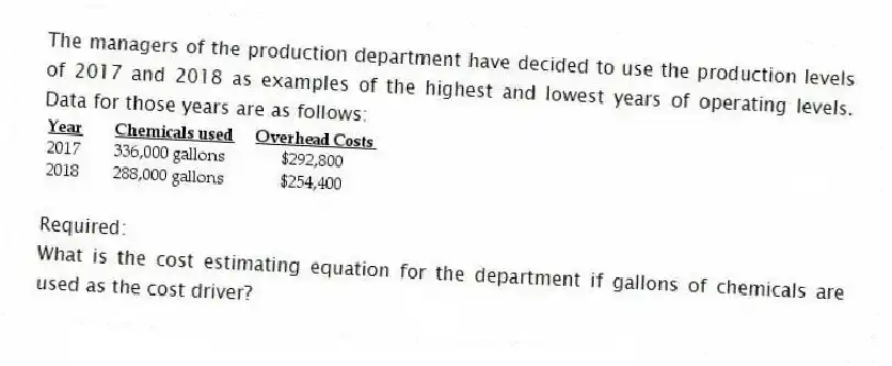 The managers of the production department have decided to use the production levels of 2017 and 2018 as examples of the highest and lowest years of operating levels. Data for those years are as follows:
Required:
What is the cost estimating equation for the department if gallons of chemicals are used as the cost driver?