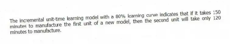 The incremental unit-time learning model with a 80% learning curve indicates that if it takes 150 minutes to manufacture the first unit of a new model, then the second unit will take only 120 minutes to manufacture.