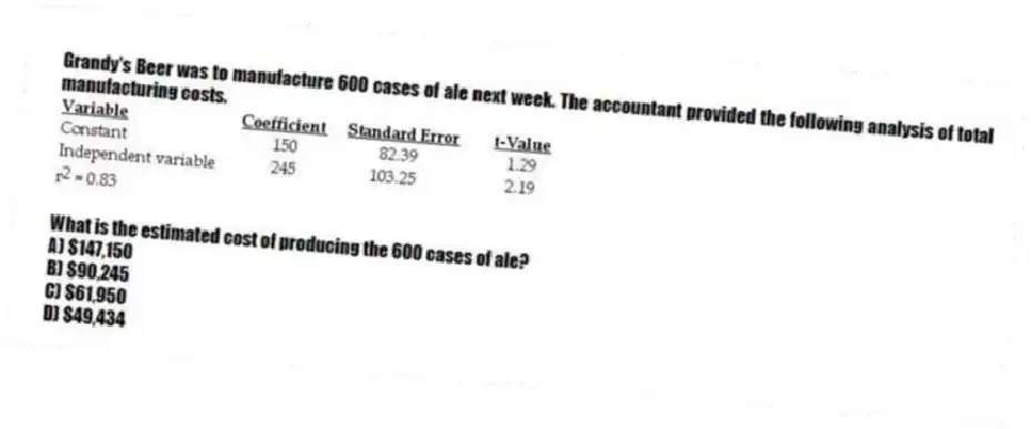 Grandy's Beer was to manufacture 600 cases of ale next week. The accountant provided the following analysis of total manufacturing costs.
What is the estimated cost of producing the 600 cases of ale?
A) $147,150
B) $90,245
C) $61,950
D) $49,434