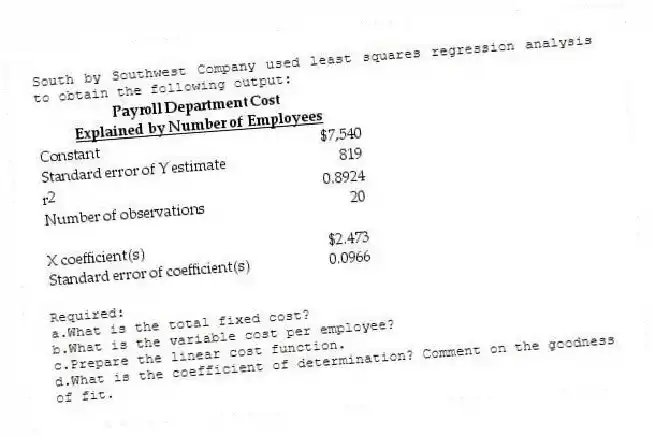 South by Southwest Company used least squares regression analysis to obtain the following output:
Required:
a.What is the total fixed cost?
b.What is the variable cost per employee?
c.Prepare the linear cost function.
d.What is the coefficient of determination? Comment on the goodness of fit.