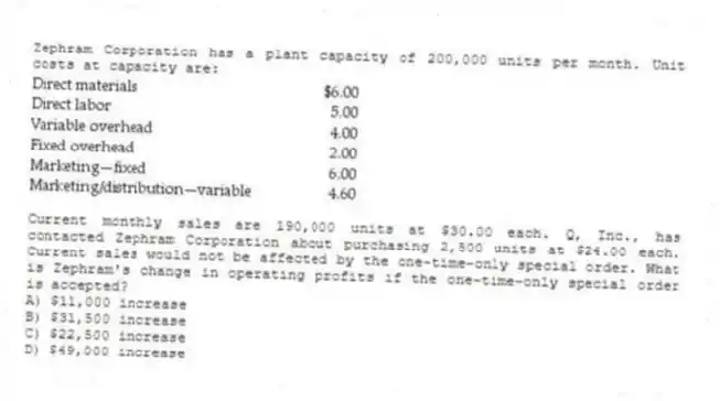 Zephram Corporation has a plant capacity of 200,000 units per month. Unit costs at capacity are:
Current monthly sales are 190,000 units at $30.00 each. Q, Inc., has contacted Zephram Corporation about purchasing 2,500 units at $24.00 each. Current sales would not be affected by the one-time-only special order. What is Zephram's change in operating profits if the one-time-only special order is accepted?
A) $11,000 increase
B) $31,500 increase
C) $22,500 increase
D) $49,000 increase