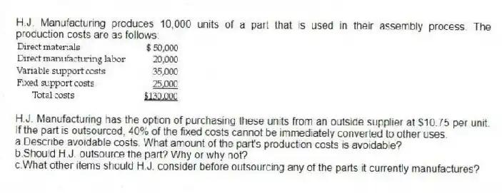 H.J. Manufacturing produces 10,000 units of a part that is used in their assembly process. The production costs are as follows:
H.J. Manufacturing has the option of purchasing these units from an outside supplier at $10.75 per unit. If the part is outsourced, 40% of the fixed costs cannot be immediately converted to other uses.
a.Describe avoidable costs. What amount of the part's production costs is avoidable?
b.Should H.J. outsource the part? Why or why not?
c.What other items should H.J. consider before outsourcing any of the parts it currently manufactures?
