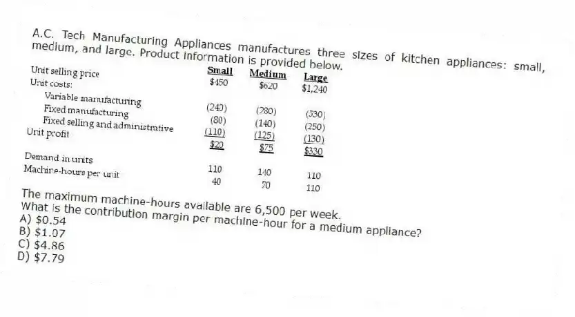 A.C. Tech Manufacturing Appliances manufactures three sizes of kitchen appliances: small, medium, and large. Product information is provided below.
The maximum machine-hours available are 6,500 per week.
What is the contribution margin per machine-hour for a medium appliance?
A) $0.54
B) $1.07
C) $4.86
D) $7.79