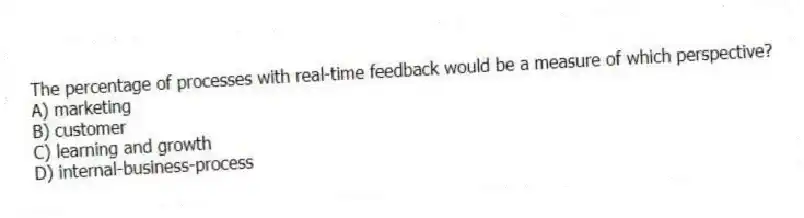 The percentage of processes with real-time feedback would be a measure of which perspective?
A) marketing
B) customer
C) learning and growth
D) internal-business-process