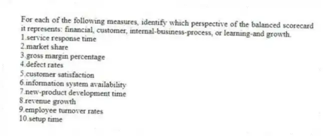 For each of the following measures, identify which perspective of the balanced scorecard it represents: financial, customer, internal-business-process, or learning-and growth.
1.service response time
2.market share
3.gross margin percentage
4.defect rates
5.customer satisfaction
6.information system availability
7.new-product development time
8.revenue growth
9.employee turnover rates
10.setup time