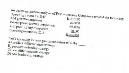 An operating income analysis of Fast Processing Company revealed the following:
Fast's operating income gain is consistent with the ________.
A) product differentiation strategy
B) product leadership strategy
C) cost differentiation strategy
D) cost leadership strategy