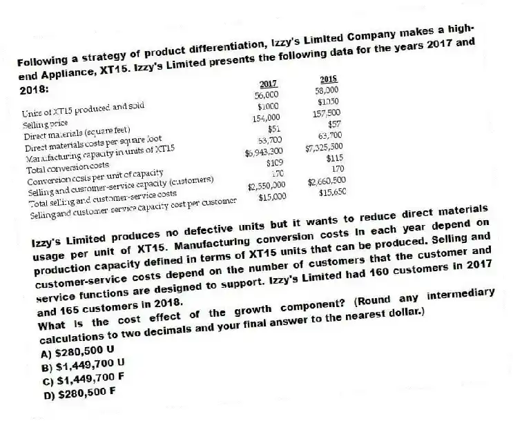 Following a strategy of product differentiation, Izzy's Limited Company makes a high-end Appliance, XT15. Izzy's Limited presents the following data for the years 2017 and 2018:
Izzy's Limited produces no defective units but it wants to reduce direct materials usage per unit of XT15. Manufacturing conversion costs in each year depend on production capacity defined in terms of XT15 units that can be produced. Selling and customer-service costs depend on the number of customers that the customer and service functions are designed to support. Izzy's Limited had 160 customers in 2017 and 165 customers in 2018.
What is the cost effect of the growth component? (Round any intermediary calculations to two decimals and your final answer to the nearest dollar.)
A) $280,500 U
B) $1,449,700 U
C) $1,449,700 F
D) $280,500 F