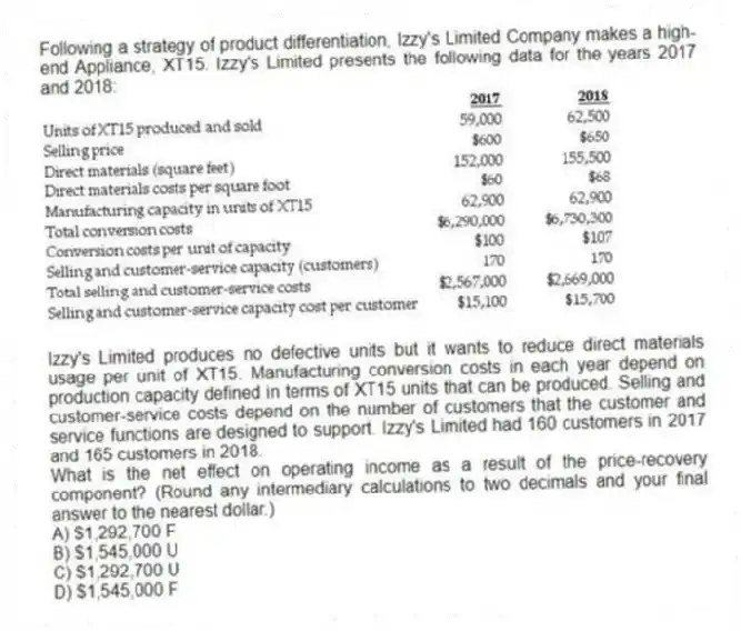 Following a strategy of product differentiation, Izzy's Limited Company makes a high-end Appliance, XT15. Izzy's Limited presents the following data for the years 2017 and 2018:
Izzy's Limited produces no defective units but it wants to reduce direct materials usage per unit of XT15. Manufacturing conversion costs in each year depend on production capacity defined in terms of XT15 units that can be produced. Selling and customer-service costs depend on the number of customers that the customer and service functions are designed to support. Izzy's Limited had 160 customers in 2017 and 165 customers in 2018.
What is the net effect on operating income as a result of the price-recovery component? (Round any intermediary calculations to two decimals and your final answer to the nearest dollar.)
A) $1,292,700 F
B) $1,545,000 U
C) $1,292,700 U
D) $1,545,000 F