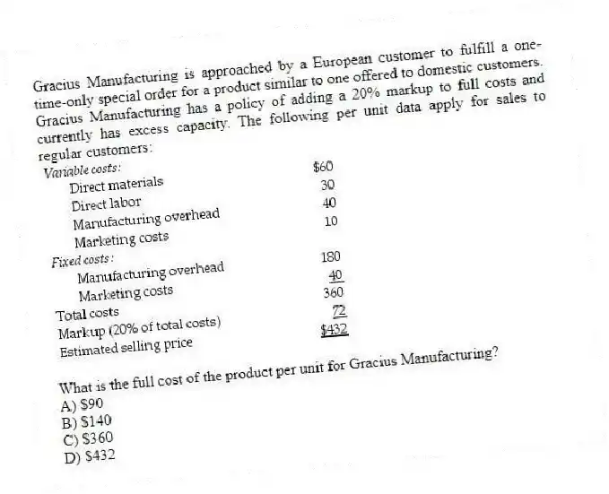 Gracius Manufacturing is approached by a European customer to fulfill a one-time-only special order for a product similar to one offered to domestic customers. Gracius Manufacturing has a policy of adding a 20% markup to full costs and currently has excess capacity. The following per unit data apply for sales to regular customers:

What is the full cost of the product per unit for Gracius Manufacturing?
A) $90 
B) $140 
C) $360 
D) $432

