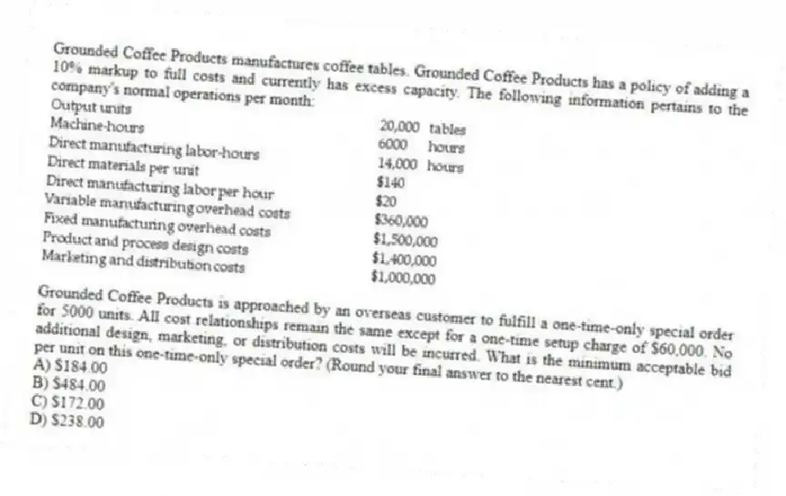 Grounded Coffee Products manufactures coffee tables. Grounded Coffee Products has a policy of adding a 10% markup to full costs and currently has excess capacity. The following information pertains to the company's normal operations per month:
Grounded Coffee Products is approached by an overseas customer to fulfill a one-time-only special order for 5000 units. All cost relationships remain the same except for a one-time setup charge of $60,000. No additional design, marketing, or distribution costs will be incurred. What is the minimum acceptable bid per unit on this one-time-only special order? (Round your final answer to the nearest cent.)
A) $184.00
B) $484.00
C) $172.00
D) $238.00