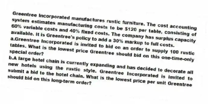 Greentree Incorporated manufactures rustic furniture. The cost accounting system estimates manufacturing costs to be $120 per table, consisting of 60% variable costs and 40% fixed costs. The company has surplus capacity available. It is Greentree's policy to add a 30% markup to full costs.
a.Greentree Incorporated is invited to bid on an order to supply 100 rustic tables. What is the lowest price Greentree should bid on this one-time-only special order?
b.A large hotel chain is currently expanding and has decided to decorate all new hotels using the rustic style. Greentree Incorporated is invited to submit a bid to the hotel chain. What is the lowest price per unit Greentree should bid on this long-term order?