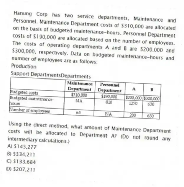 Hanung Corp has two service departments, Maintenance and Personnel. Maintenance Department costs of $310,000 are allocated on the basis of budgeted maintenance-hours. Personnel Department costs of $190,000 are allocated based on the number of employees. The costs of operating departments A and B are $200,000 and $300,000, respectively. Data on budgeted maintenance-hours and number of employees are as follows:
Production
Support DepartmentsDepartments
Using the direct method, what amount of Maintenance Department costs will be allocated to Department A? (Do not round any intermediary calculations.)
A) $145,277
B) $334,211
C) $133,684
D) $207,211