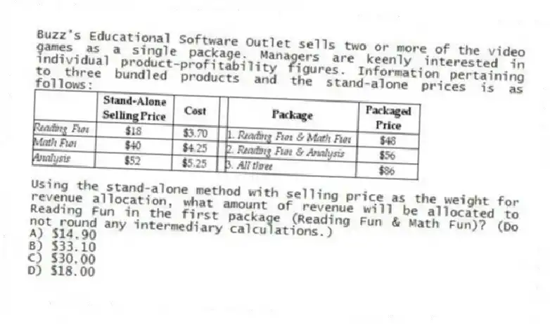 Buzz's Educational Software Outlet sells two or more of the video games as a single package. Managers are keenly interested in individual product-profitability figures. Information pertaining to three bundled products and the stand-alone prices is as follows:
Using the stand-alone method with selling price as the weight for revenue allocation, what amount of revenue will be allocated to Reading Fun in the first package (Reading Fun & Math Fun)? (Do not round any intermediary calculations.)
A) $14.90
B) $33.10
C) $30.00
D) $18.00