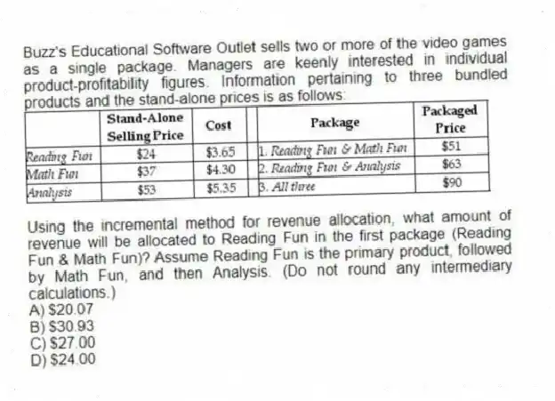 Buzz's Educational Software Outlet sells two or more of the video games as a single package. Managers are keenly interested in individual product-profitability figures. Information pertaining to three bundled products and the stand-alone prices is as follows:
Using the incremental method for revenue allocation, what amount of revenue will be allocated to Reading Fun in the first package (Reading Fun & Math Fun)? Assume Reading Fun is the primary product, followed by Math Fun, and then Analysis. (Do not round any intermediary calculations.)
A) $20.07
B) $30.93
C) $27.00
D) $24.00