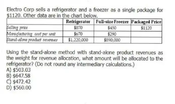 Electro Corp sells a refrigerator and a freezer as a single package for $1120. Other data are in the chart below.
Using the stand-alone method with stand-alone product revenues as the weight for revenue allocation, what amount will be allocated to the refrigerator? (Do not round any intermediary calculations.)
A) $503.03
B) $647.58
C) $472.42
D) $560.00