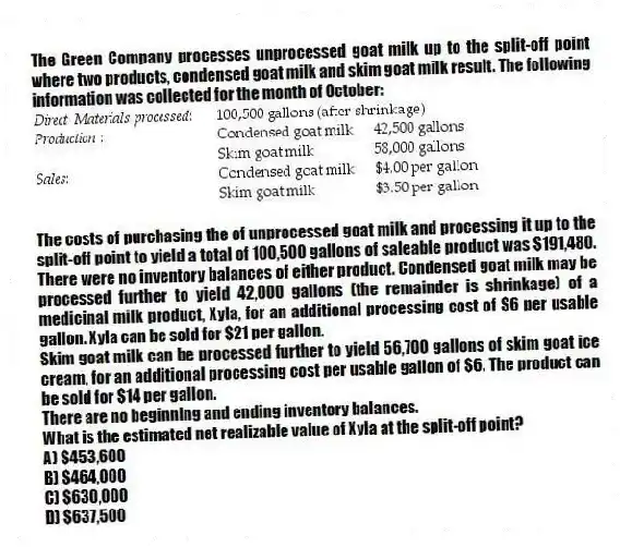 The Green Company processes unprocessed goat milk up to the split-off point where two products, condensed goat milk and skim goat milk result. The following information was collected for the month of October:
The costs of purchasing the of unprocessed goat milk and processing it up to the split-off point to yield a total of 100,500 gallons of saleable product was $191,480. There were no inventory balances of either product. Condensed goat milk may be processed further to yield 42,000 gallons (the remainder is shrinkage) of a medicinal milk product, Xyla, for an additional processing cost of $6 per usable gallon. Xyla can be sold for $21 per gallon.
Skim goat milk can be processed further to yield 56,700 gallons of skim goat ice cream, for an additional processing cost per usable gallon of $6. The product can be sold for $14 per gallon.
There are no beginning and ending inventory balances.
What is the estimated net realizable value of Xyla at the split-off point?
A) $453,600
B) $464,000
C) $630,000
D) $637,500