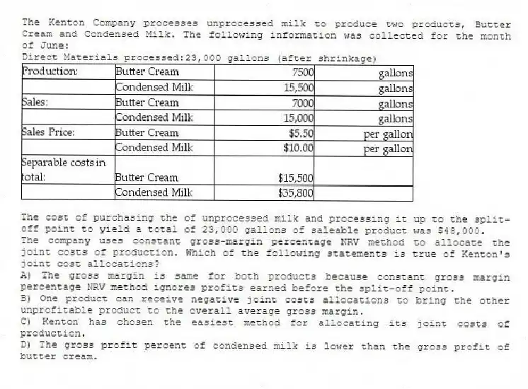 The Kenton Company processes unprocessed milk to produce two products, Butter Cream and Condensed Milk. The following information was collected for the month of June:
Direct Materials processed:23,000 gallons (after shrinkage)
The cost of purchasing the of unprocessed milk and processing it up to the split-off point to yield a total of 23,000 gallons of saleable product was $48,000.
The company uses constant gross-margin percentage NRV method to allocate the joint costs of production. Which of the following statements is true of Kenton's joint cost allocations?
A) The gross margin is same for both products because constant gross margin percentage NRV method ignores profits earned before the split-off point.
B) One product can receive negative joint costs allocations to bring the other unprofitable product to the overall average gross margin.
C) Kenton has chosen the easiest method for allocating its joint costs of production.
D) The gross profit percent of condensed milk is lower than the gross profit of butter cream.