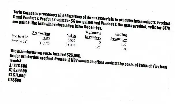 Torid Company processes 18,025 gallons of direct materials to produce two products, Product X and Product Y. Product X sells for $5 per gallon and Product Y, the main product, sells for $170 per gallon. The following information is for December:
The manufacturing costs totalled $26,000.
Under production method, Product X NRV would be offset against the costs of Product Y by how much?
A) $28,500
B) $29,000
C) $17,000
D) $500