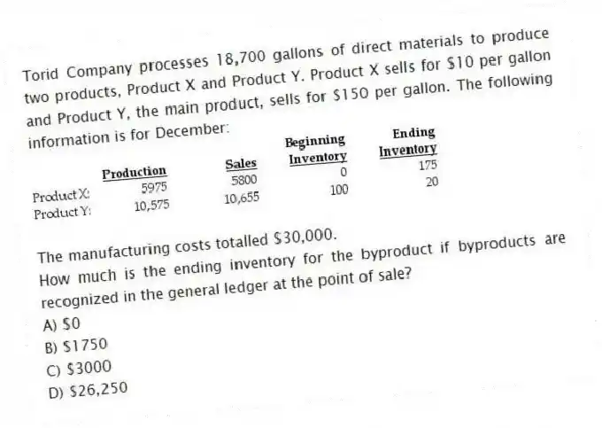 Torid Company processes 18,700 gallons of direct materials to produce two products, Product X and Product Y. Product X sells for $10 per gallon and Product Y, the main product, sells for $150 per gallon. The following information is for December:
The manufacturing costs totalled $30,000.
How much is the ending inventory for the byproduct if byproducts are recognized in the general ledger at the point of sale?
A) $0
B) $1750
C) $3000
D) $26,250