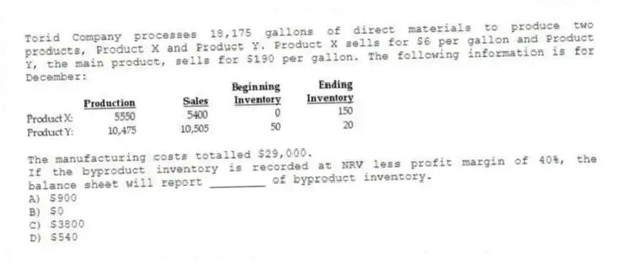 Torid Company processes 18,175 gallons of direct materials to produce two products, Product X and Product Y. Product X sells for $6 per gallon and Product Y, the main product, sells for $190 per gallon. The following information is for December:
The manufacturing costs totalled $29,000.
If the byproduct inventory is recorded at NRV less profit margin of 40%, the balance sheet will report ________ of byproduct inventory.
A) $900
B) $0
C) $3800
D) $540