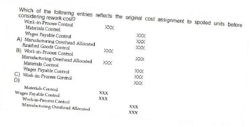 Which of the following entries reflects the original cost assignment to spoiled units before considering rework cost?