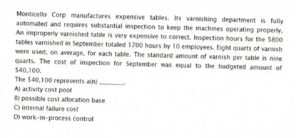 Monticello Corp manufactures expensive tables. Its varnishing department is fully automated and requires substantial inspection to keep the machines operating properly. An improperly varnished table is very expensive to correct. Inspection hours for the 5800 tables varnished in September totaled 1700 hours by 10 employees. Eight quarts of varnish were used, on average, for each table. The standard amount of varnish per table is nine quarts. The cost of inspection for September was equal to the budgeted amount of $40,100.
The $40,100 represents a(n) ________.
A) activity cost pool
B) possible cost allocation base
C) internal failure cost
D) work-in-process control